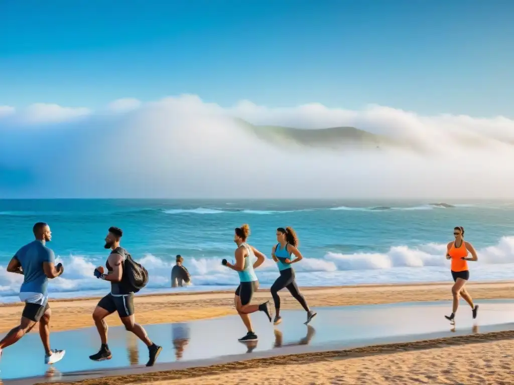 Personas diversas con wearables fitness en la playa de Uruguay, bajo cielos azules