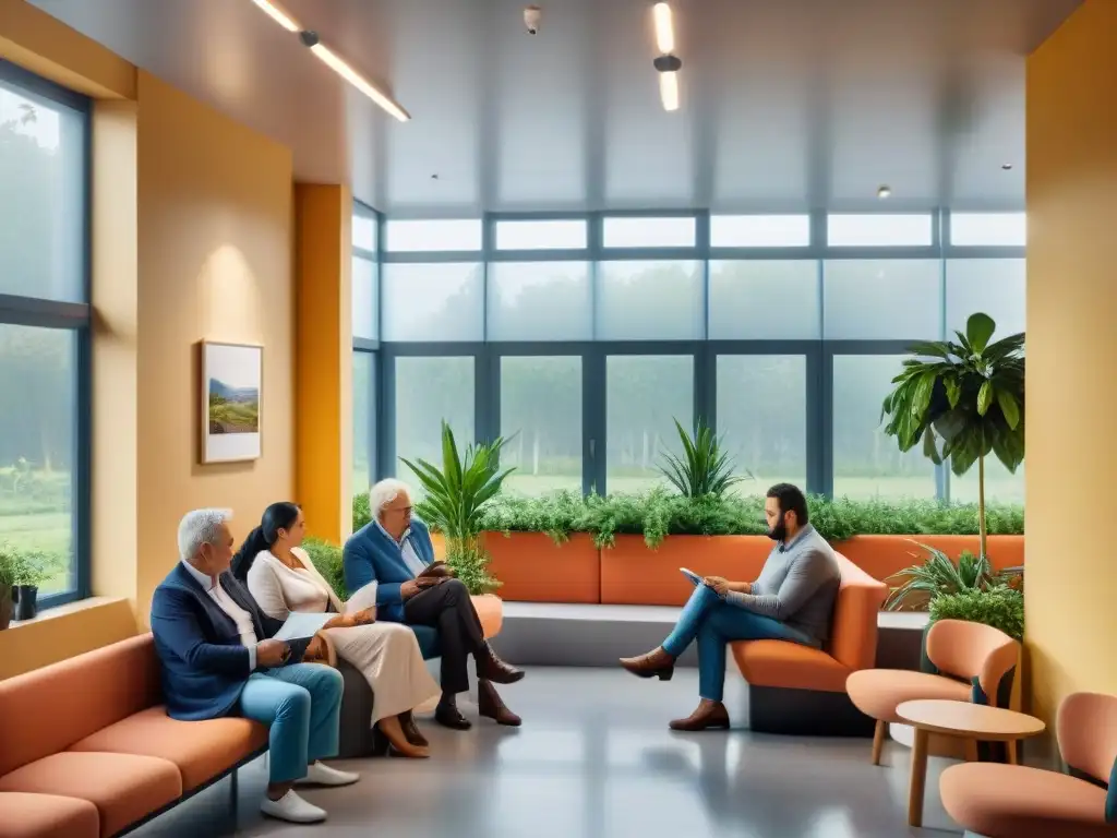 Personas diversas esperando en sala de espera de oficina de Seguro de Salud Integral en Uruguay