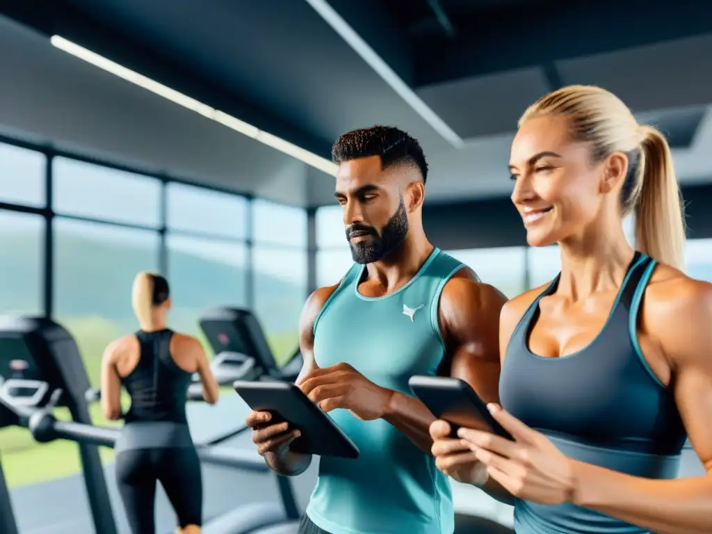 Personas diversas usan softwares de Fitness en un gimnasio moderno en Uruguay