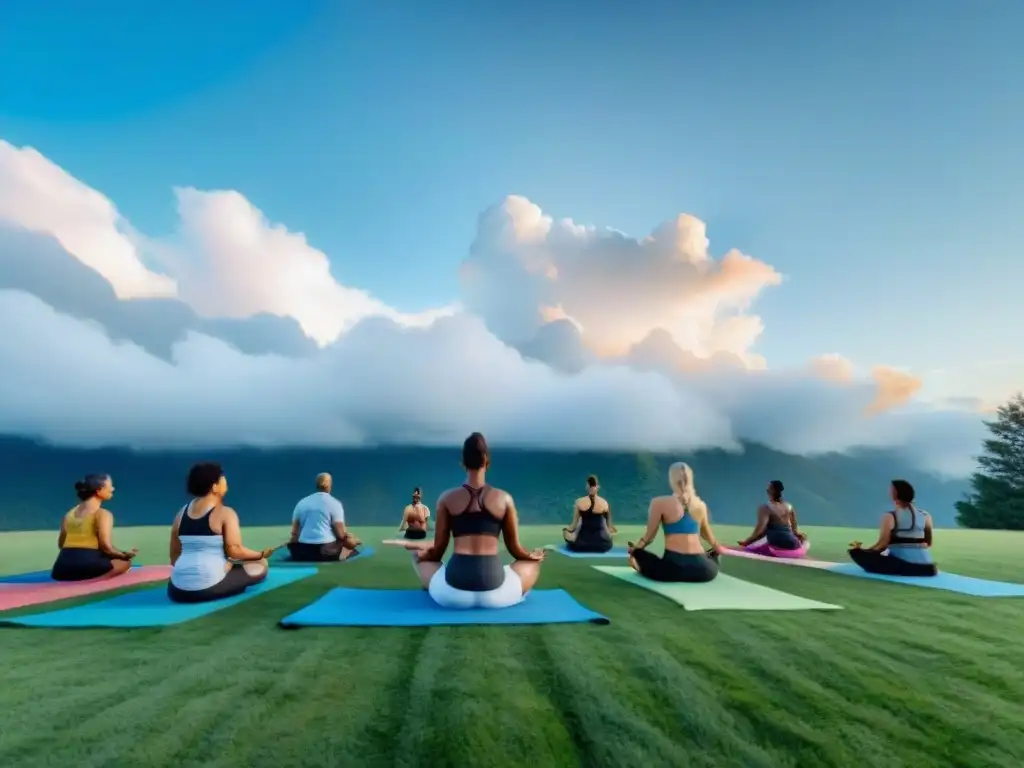 Personas diversas practicando yoga al aire libre, transmitiendo calma y bienestar mental