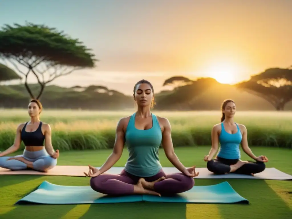 Personas diversas practicando yoga al atardecer en un parque de Uruguay