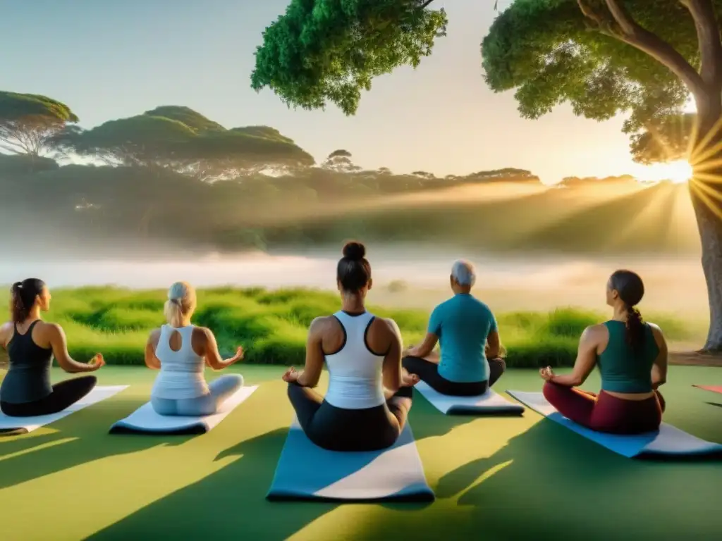 Personas diversas practicando yoga juntas en un parque verde de Uruguay al atardecer, transmitiendo fuerza, paz y unidad