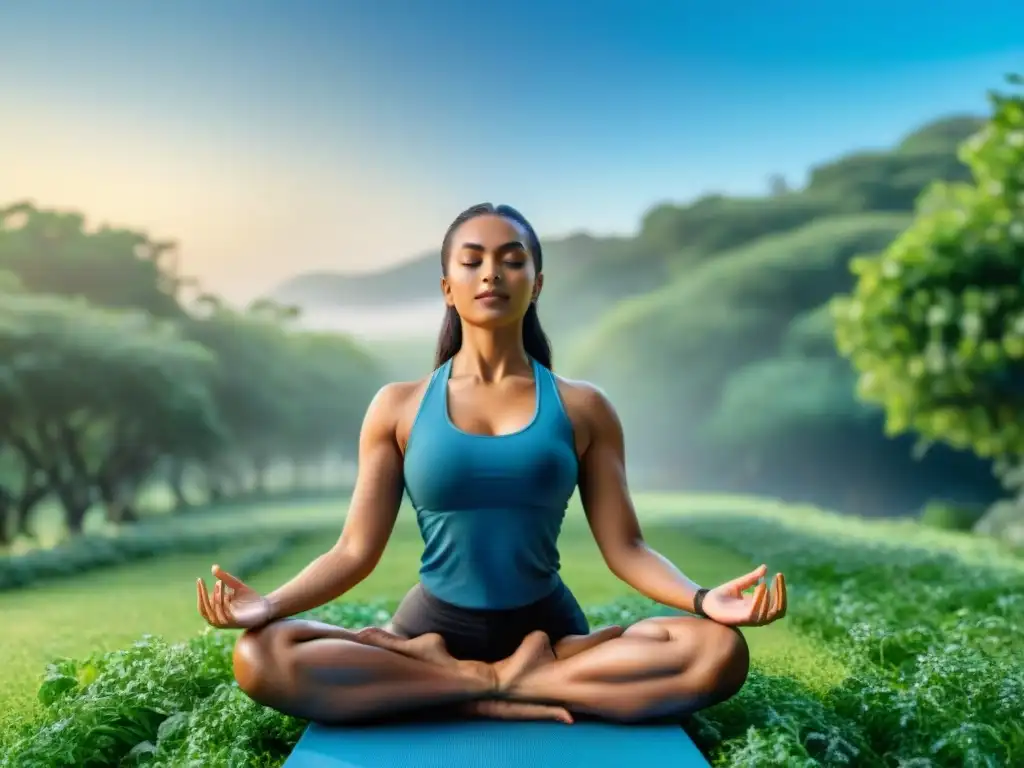 Personas diversas practican yoga en un parque, bajo un cielo azul y sol brillante