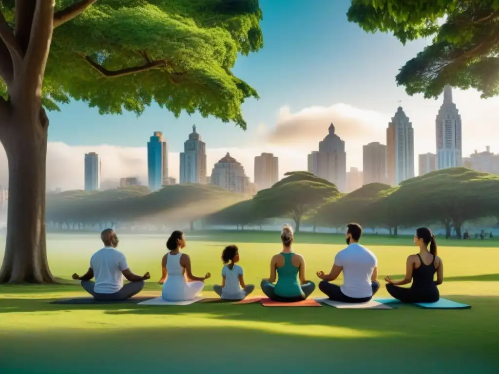 Personas diversas practicando yoga y meditación en un parque de Montevideo, Uruguay, con la ciudad de fondo