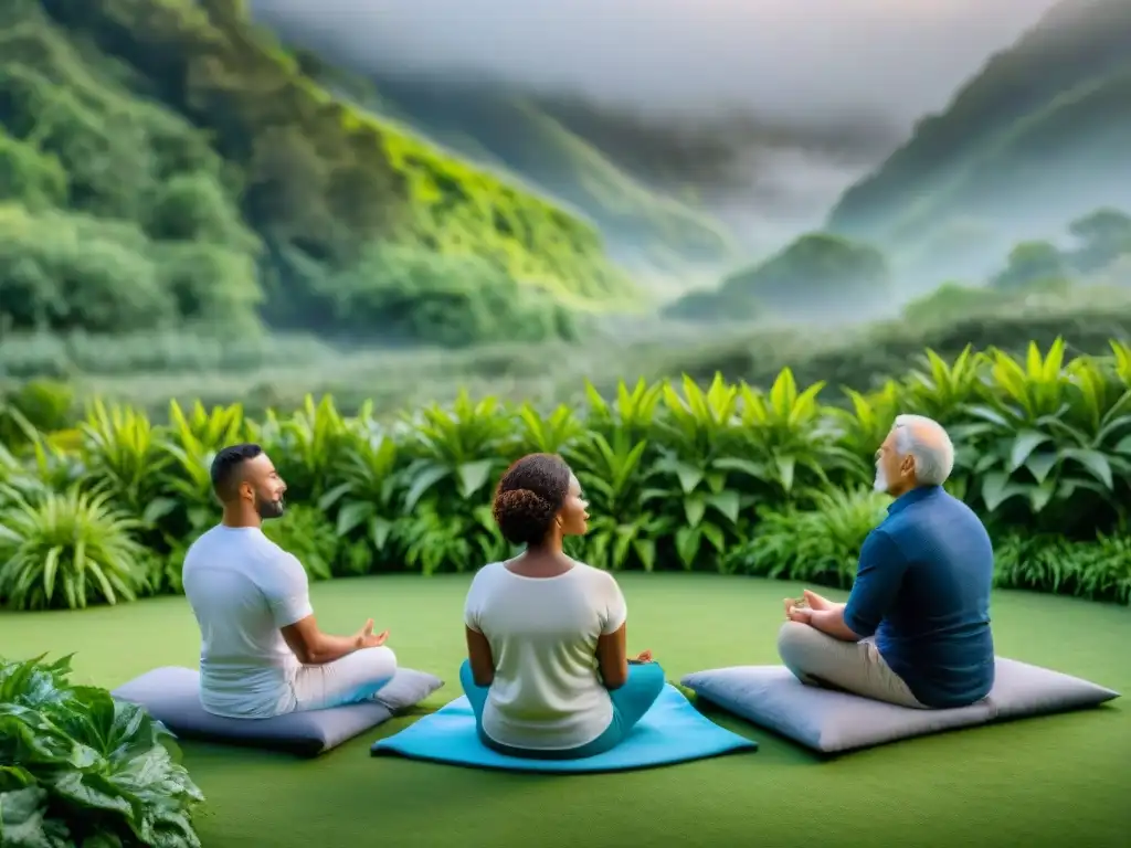 Mediación mindfulness: grupo diverso en armonía Personas de diversas edades y etnias meditan juntas al aire libre en un círculo, transmitiendo paz y serenidad