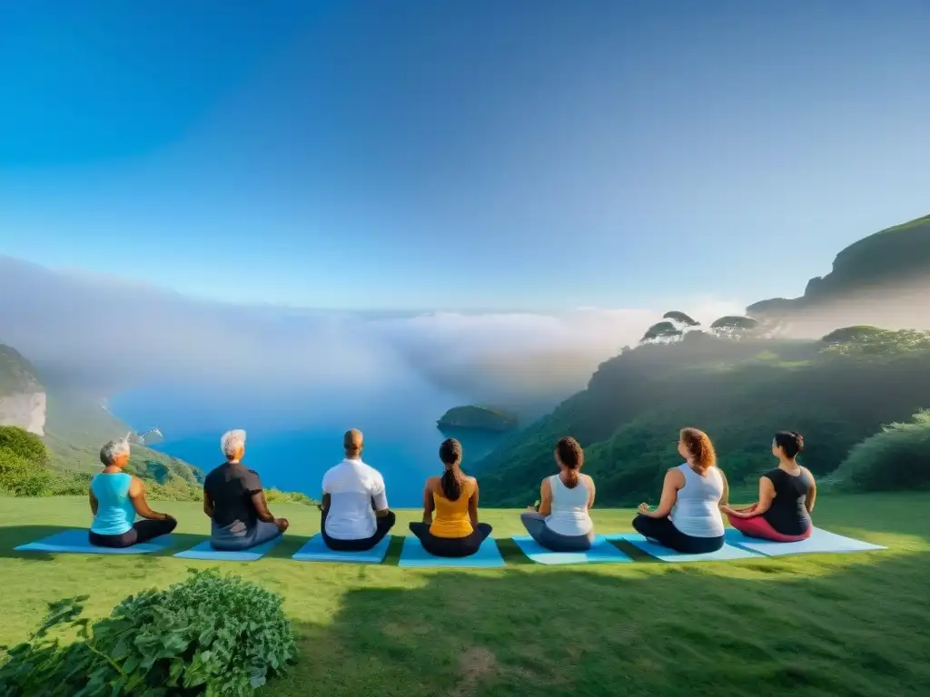 Personas de diferentes edades y etnias practicando yoga en la naturaleza en Uruguay para promover el seguro de salud bienestar integral