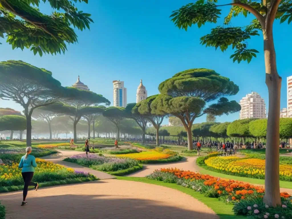 Parque verde en Montevideo: armonía entre naturaleza y ciudad Personas de todas las edades disfrutan de hábitos saludables en un parque verde de Montevideo, Uruguay, con árboles altos y cielos despejados