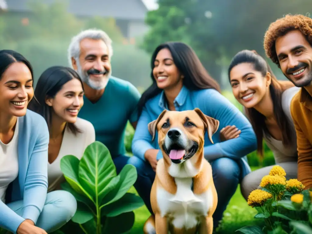 Personas de diversas edades y orígenes disfrutan de la terapia con animales en un jardín sereno en Uruguay