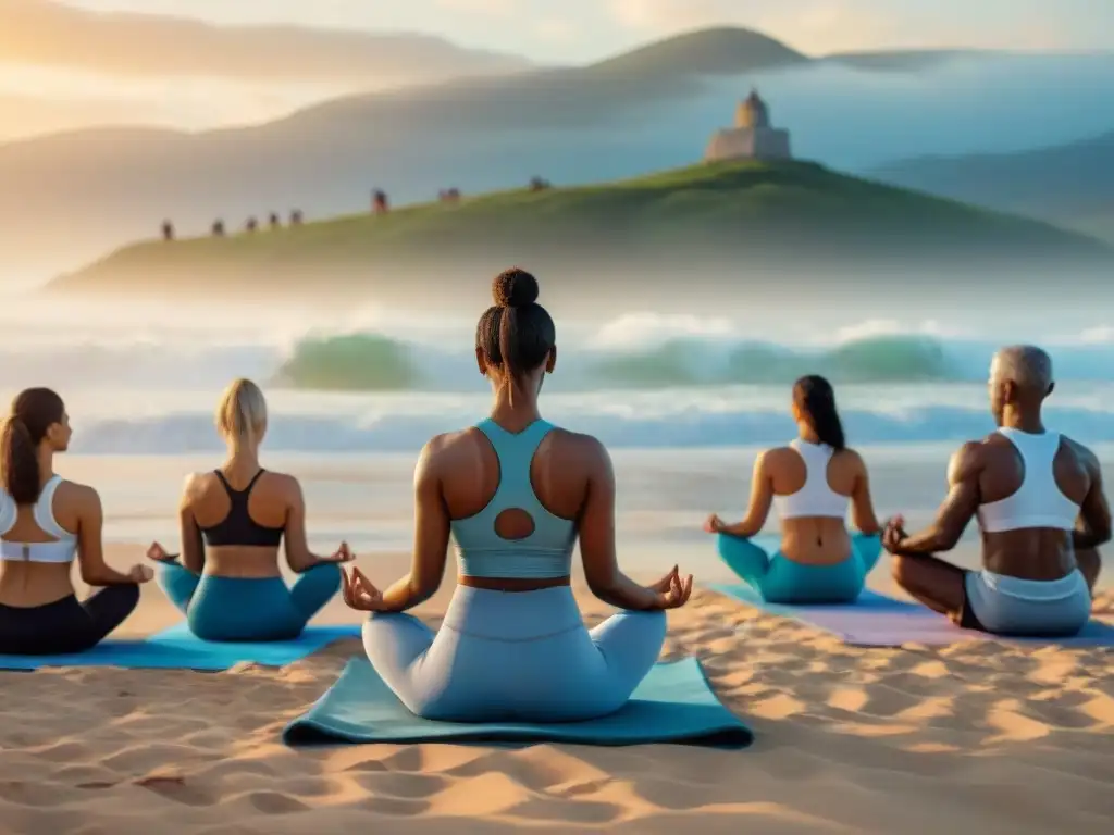 Personas de diversas edades y orígenes practicando yoga en una playa de Uruguay al atardecer, enfocados en mejorar postura corporal y bienestar