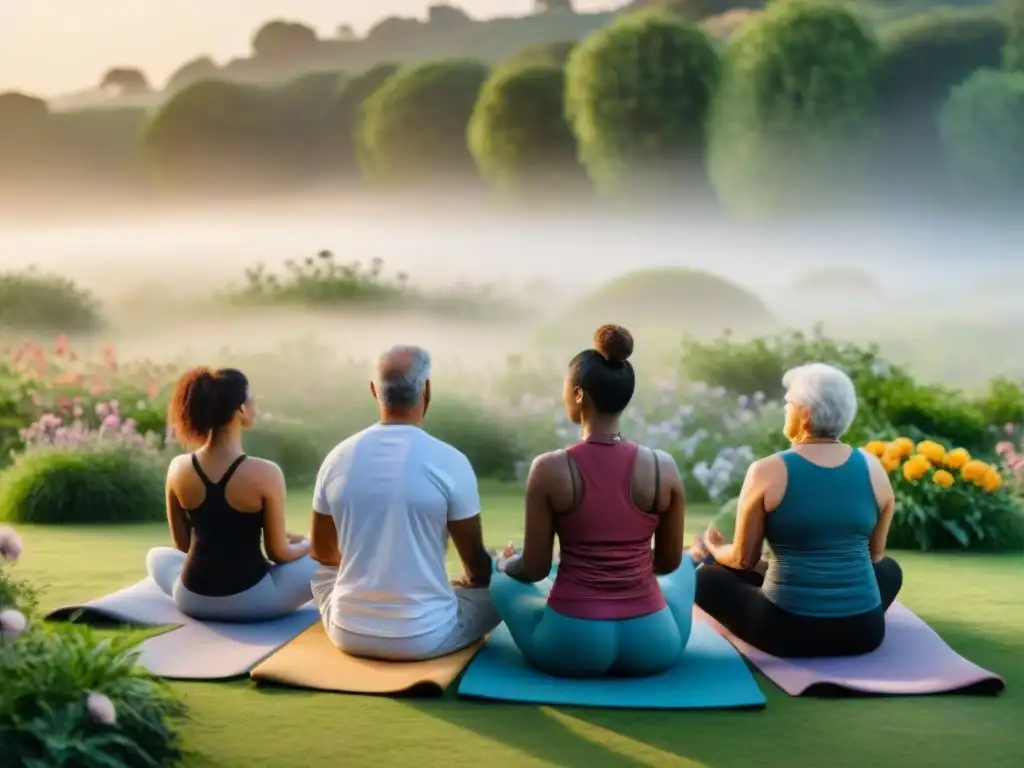 Personas de todas las edades disfrutan de una sesión de mindfulness en un parque de Uruguay al atardecer