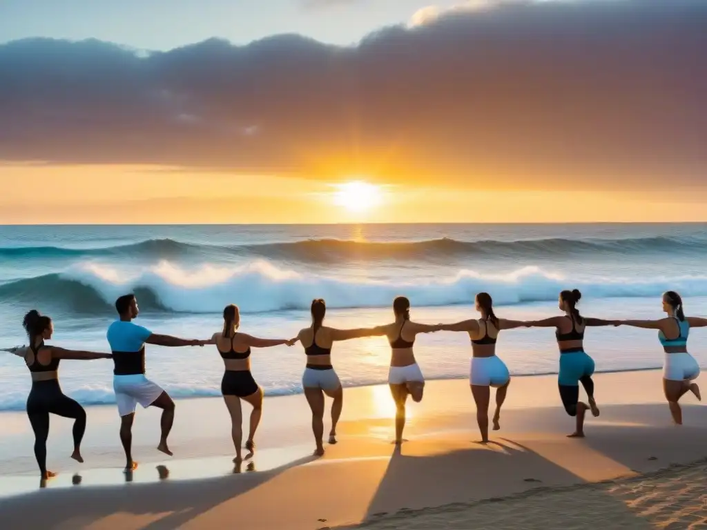 Personas en Uruguay realizando ejercicios de estiramiento en la playa al atardecer