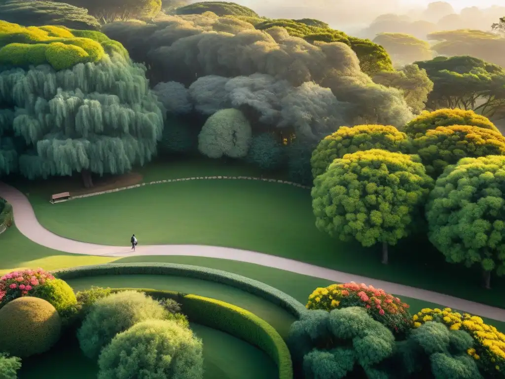 Personas explorando espacios verdes en Uruguay al atardecer