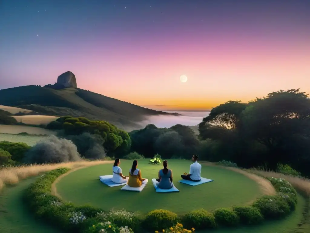 Personas meditando bajo la luna llena en Uruguay, en un escenario sereno de calma y introspección