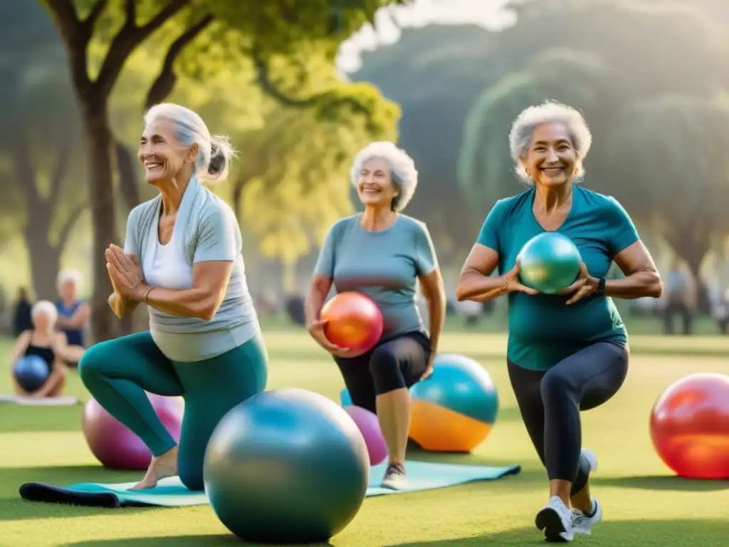 Personas mayores uruguayas activas disfrutando del sol en un parque, promoviendo el calcio y vitamina D en Uruguay