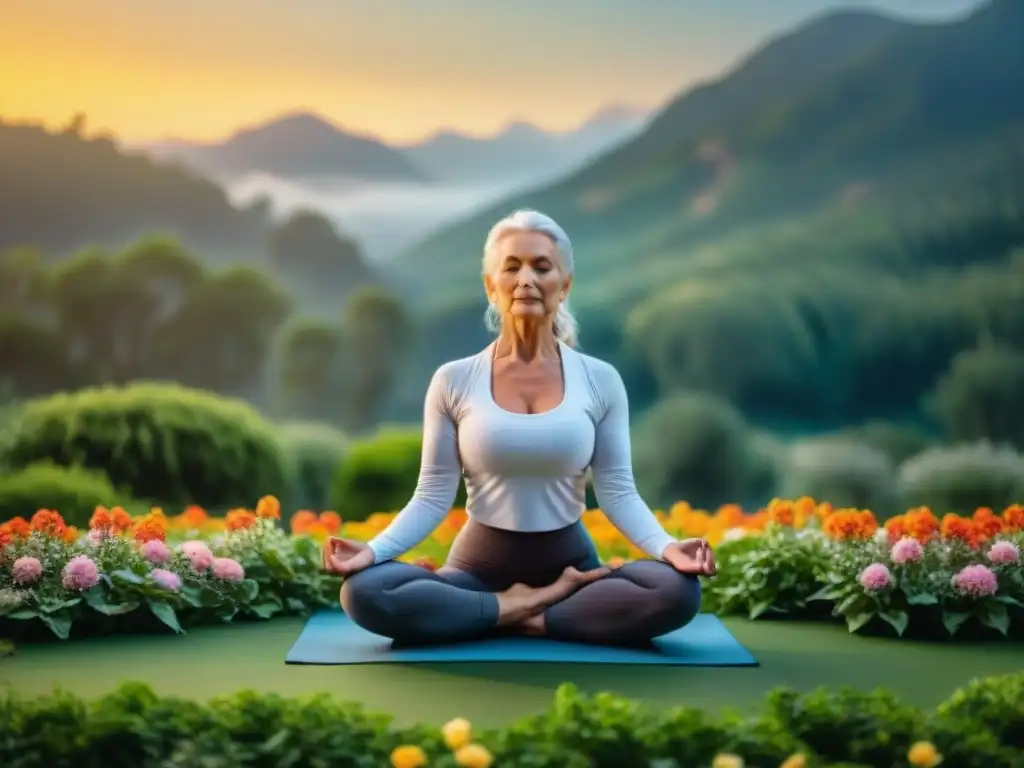 Personas mayores practicando yoga al aire libre en un jardín sereno con flores coloridas