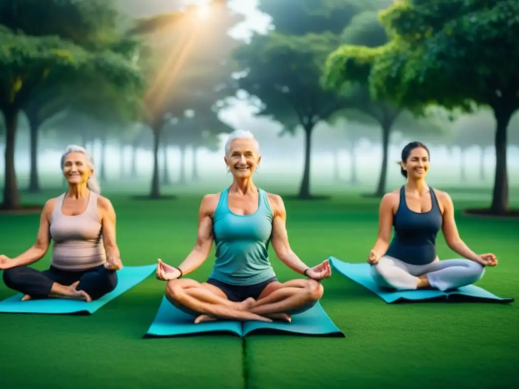 Personas mayores practicando yoga juntas en un parque de Uruguay, transmitiendo paz y conexión, bajo el sol