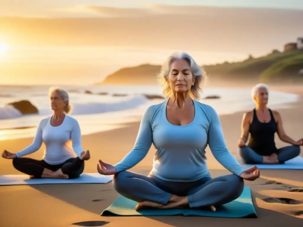 Personas mayores practicando yoga en la playa al atardecer en Uruguay