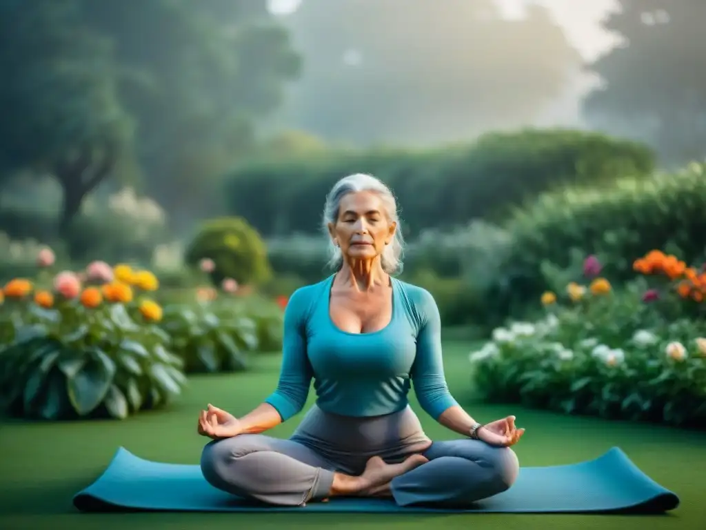 Personas mayores practicando yoga en jardín sereno de Uruguay, promoviendo bienestar integral para mayores