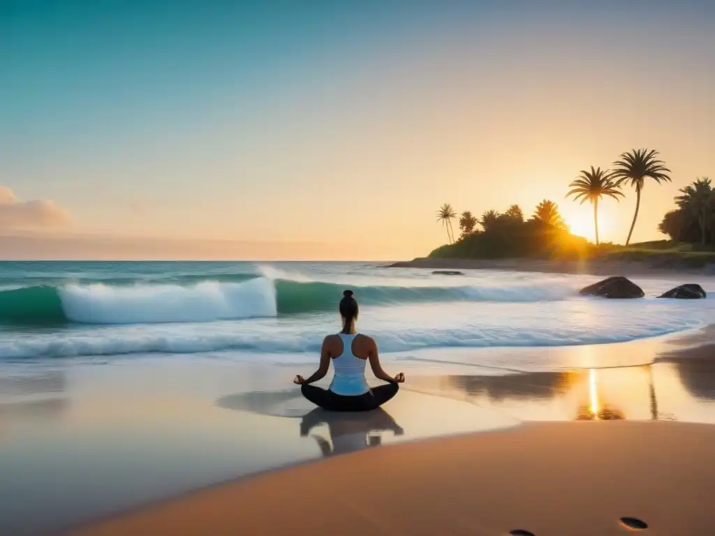 Personas practicando mindfulness en la playa de Uruguay al atardecer, rodeados de palmeras y cielos coloridos