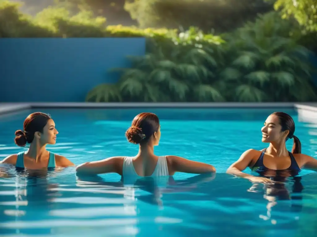 Personas practicando Pilates acuático en una piscina cristalina bajo el sol brillante