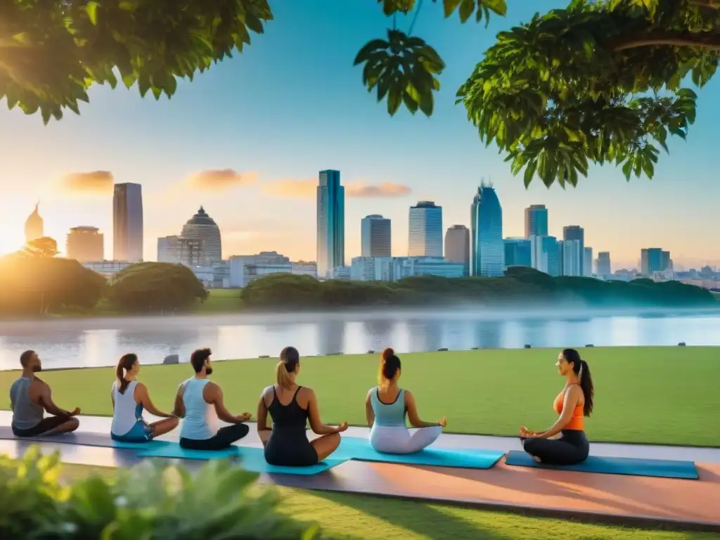 Personas disfrutando de planes de bienestar en Uruguay en un parque urbano moderno al atardecer