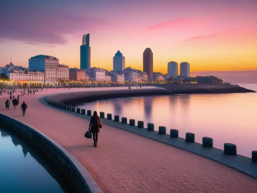 Personas paseando en la Rambla de Montevideo al atardecer, reflejando la calma y tranquilidad para el manejo del estrés y ansiedad