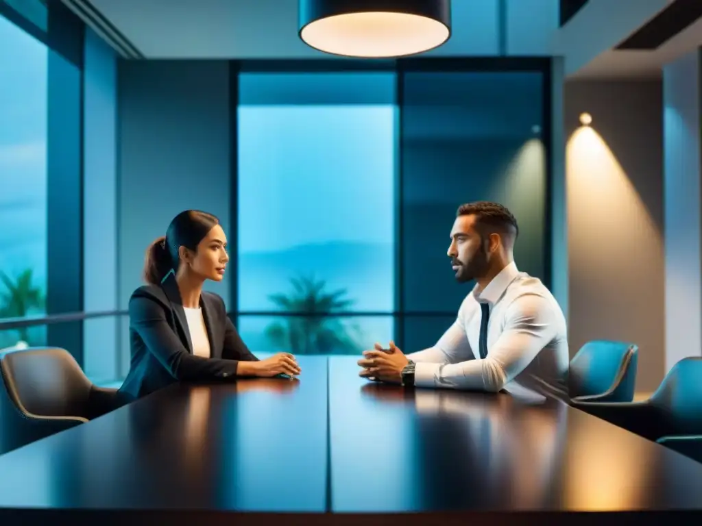 Dos personas conversando con respeto en una sala luminosa y moderna