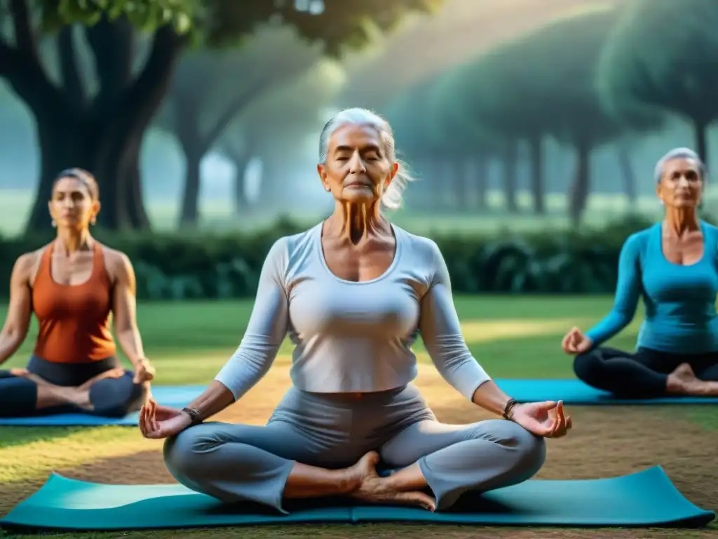 Personas de la tercera edad practicando yoga al aire libre en un parque de Uruguay, transmitiendo serenidad y bienestar integral