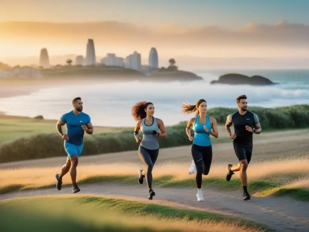 Personas usando wearables de fitness en Uruguay, entrenando en la playa al atardecer