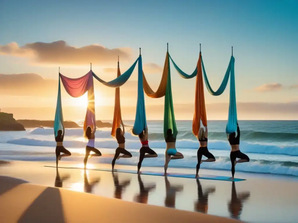 Personas practicando yoga aéreo en una playa de Uruguay al atardecer, con siluetas vibrantes y fondo cálido