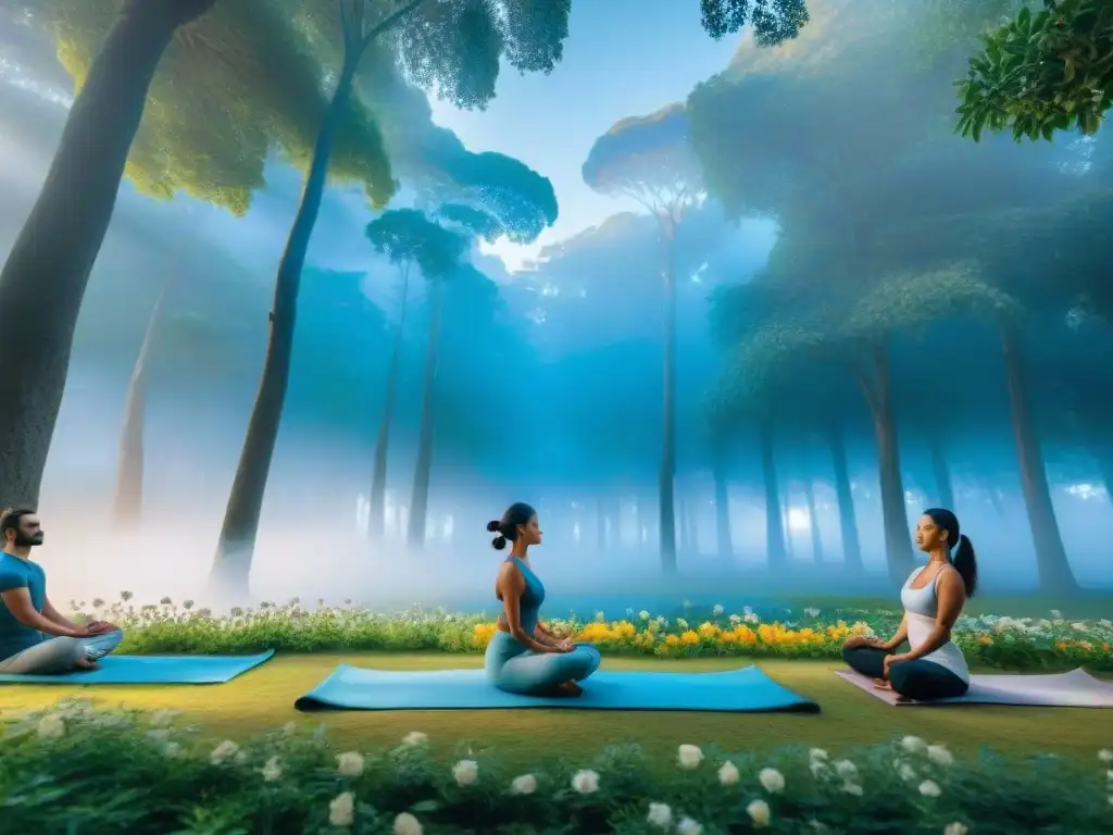 Mindfulness en el parque: yoga y meditación en Uruguay Personas practicando yoga y meditación al aire libre en un parque de Uruguay, promoviendo la salud mental en Uruguay 2021