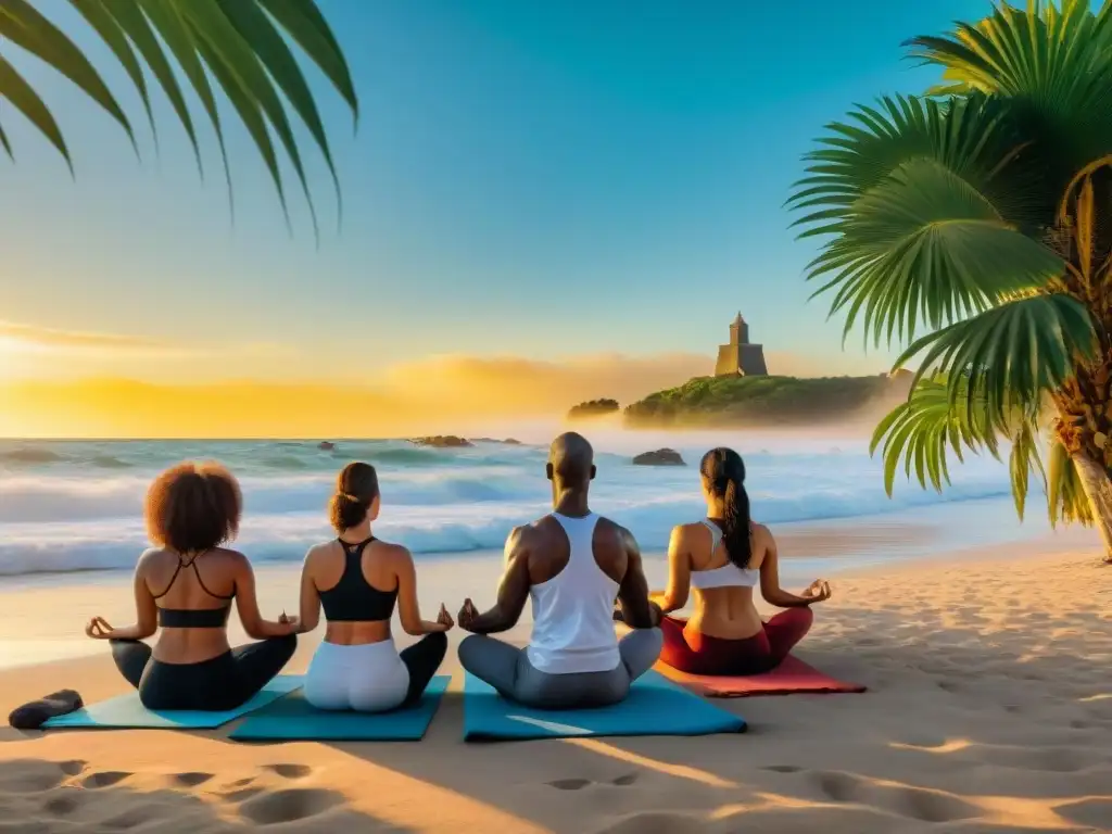 Personas practicando yoga al atardecer en una playa de Uruguay, rodeadas de palmeras y olas suaves