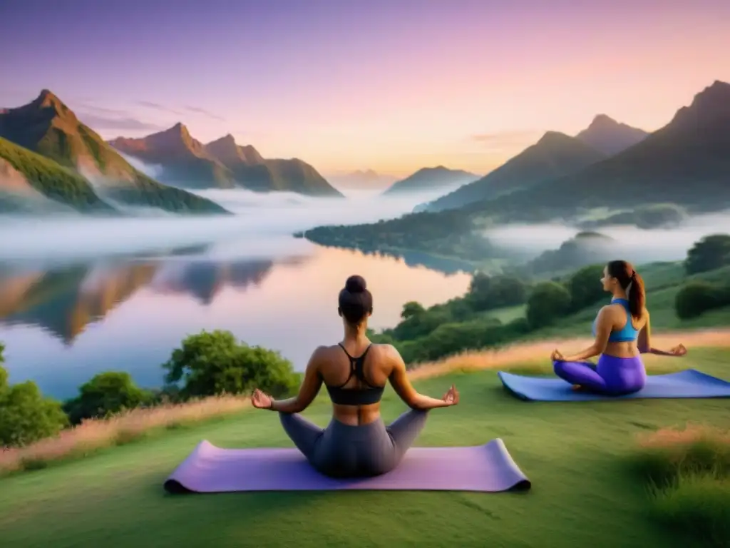 Personas practicando yoga en una colina verde con un lago al atardecer en Uruguay