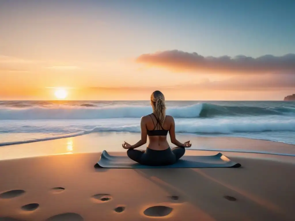 Puesta de sol relajante en la playa de Uruguay: yoga, música y serenidad Personas practicando yoga y música en la playa al atardecer en Uruguay, Playlist música bienestar Uruguay