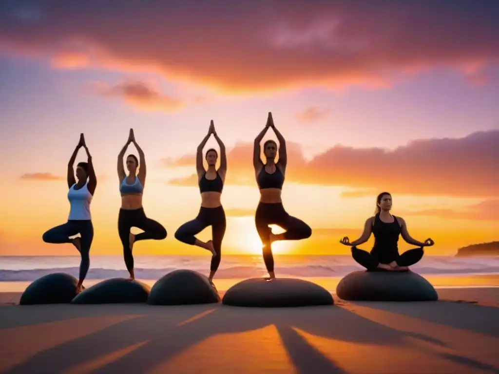 Personas haciendo yoga en una playa de Uruguay al atardecer, transmitiendo paz y conexión con la naturaleza