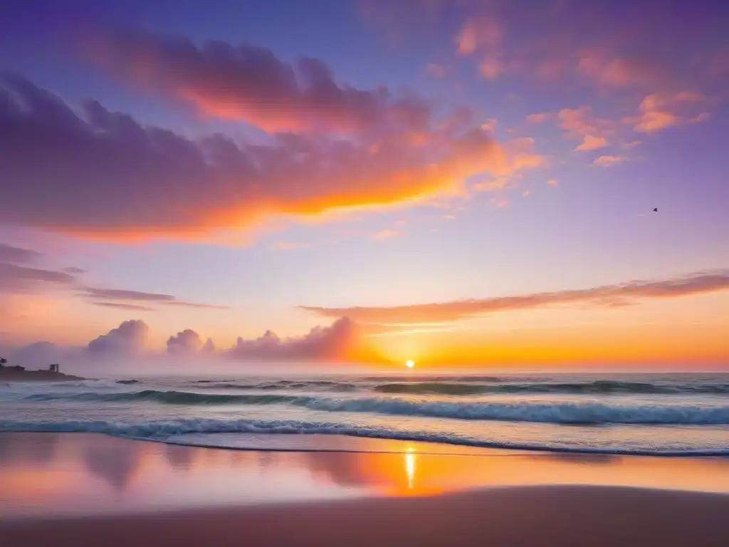 Personas practicando yoga y meditación en una playa de Uruguay al atardecer, rodeadas de palmeras y un cielo armonioso