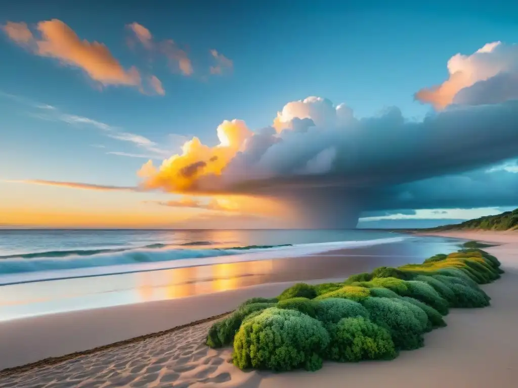 Personas practicando yoga y meditación en una playa de Uruguay al atardecer, rodeados de naturaleza