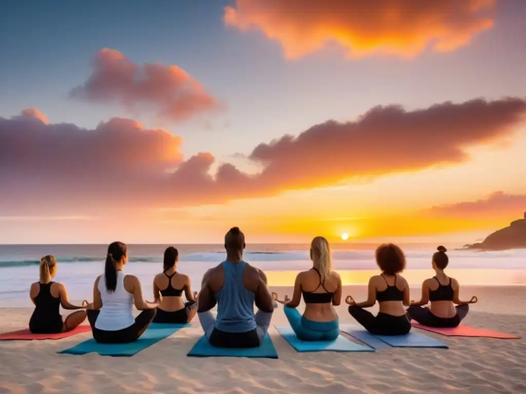 Personas practicando yoga en la playa de Uruguay al atardecer, mostrando los beneficios de bienestar integral en un paisaje vibrante