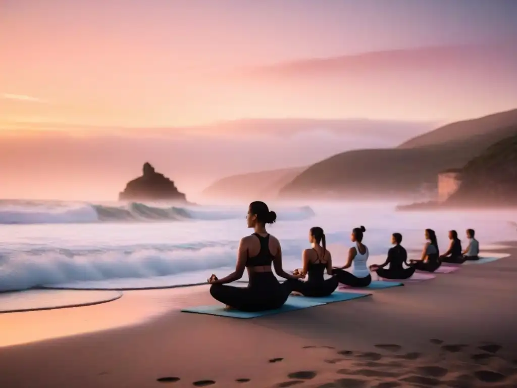 Personas practicando yoga en la playa de Uruguay al amanecer, beneficiando cuerpo y mente con movimientos serenos