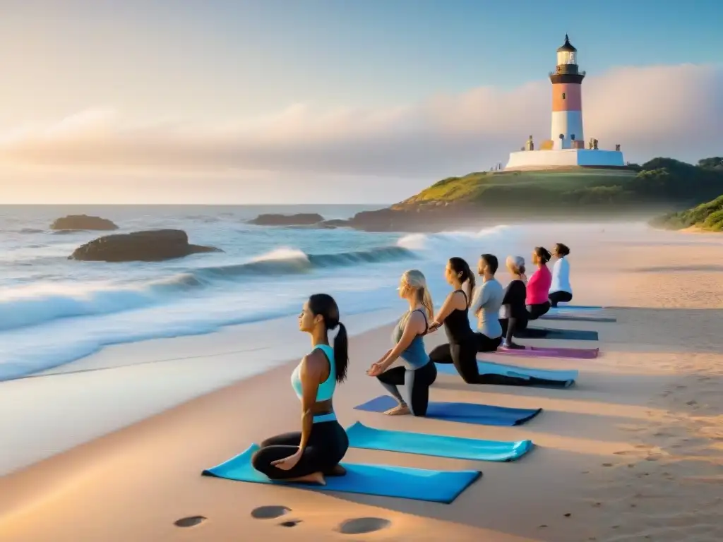 Personas practicando yoga en la playa al amanecer en Uruguay, con el faro de Punta del Este al fondo