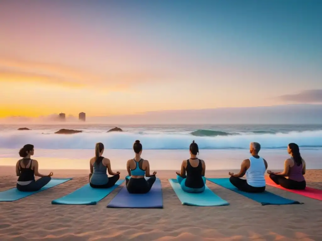 Personas practicando yoga al amanecer en la playa de Punta del Este, Uruguay