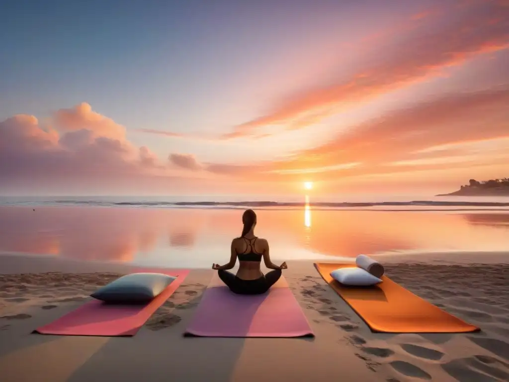 Personas practicando yoga en una playa uruguaya al atardecer, ideal para superar estrés en Uruguay