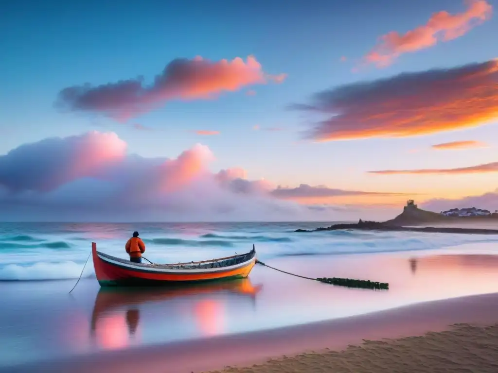 Pesca responsable en Uruguay: Atardecer en playa uruguaya con pescador lanzando red al mar, gaviotas volando