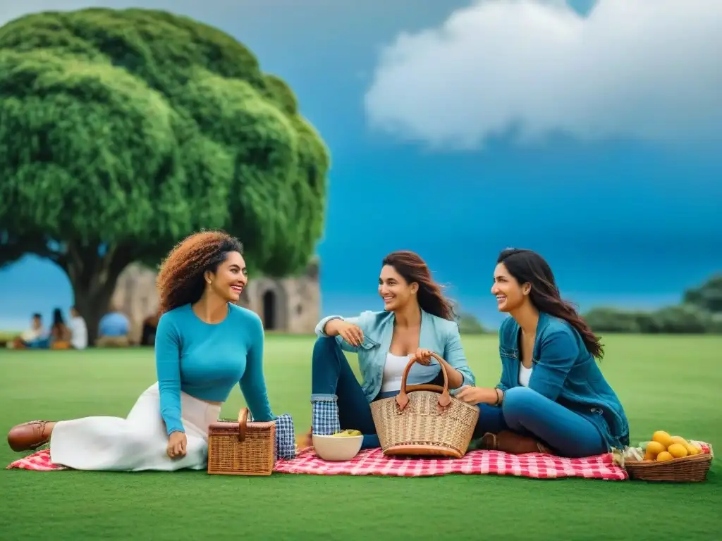 Un picnic en el parque: uruguayos sonrientes disfrutan juntos bajo el cielo azul