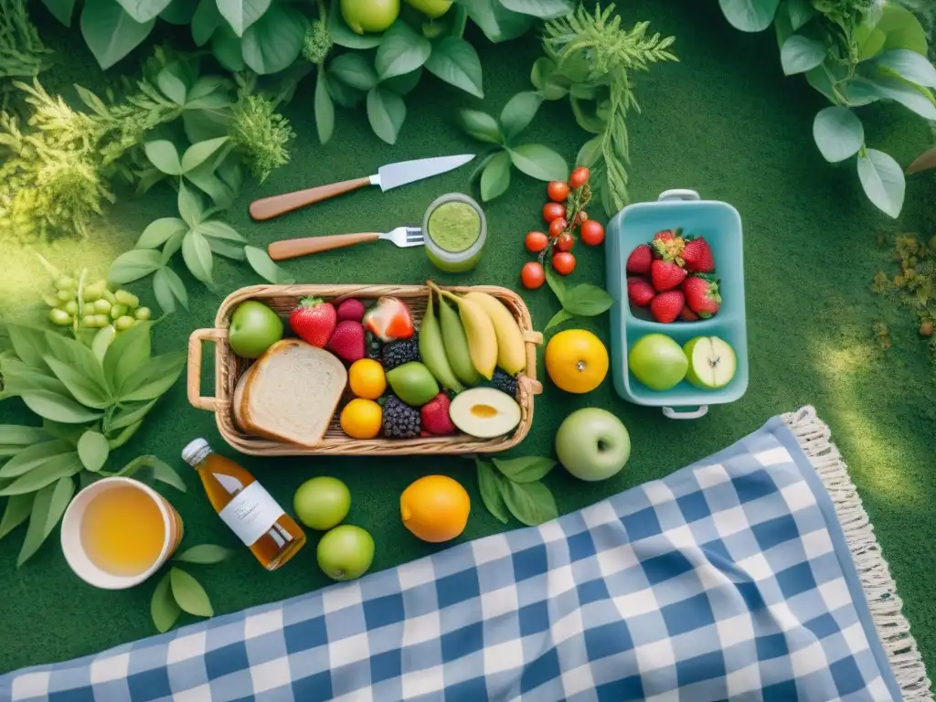 Un picnic saludable al aire libre con frutas coloridas, ensaladas frescas, sándwiches artesanales y bebidas refrescantes en un parque verde y soleado