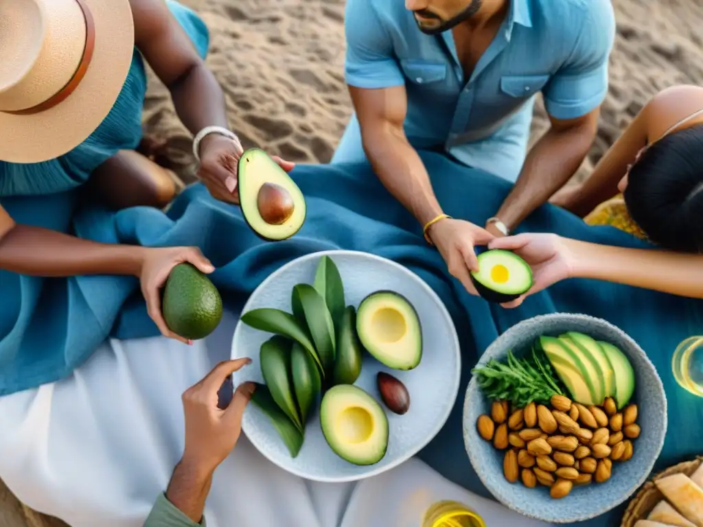 Picnic saludable junto al mar en Uruguay con fuentes saludables de grasas como aguacate, nueces y aceite de oliva