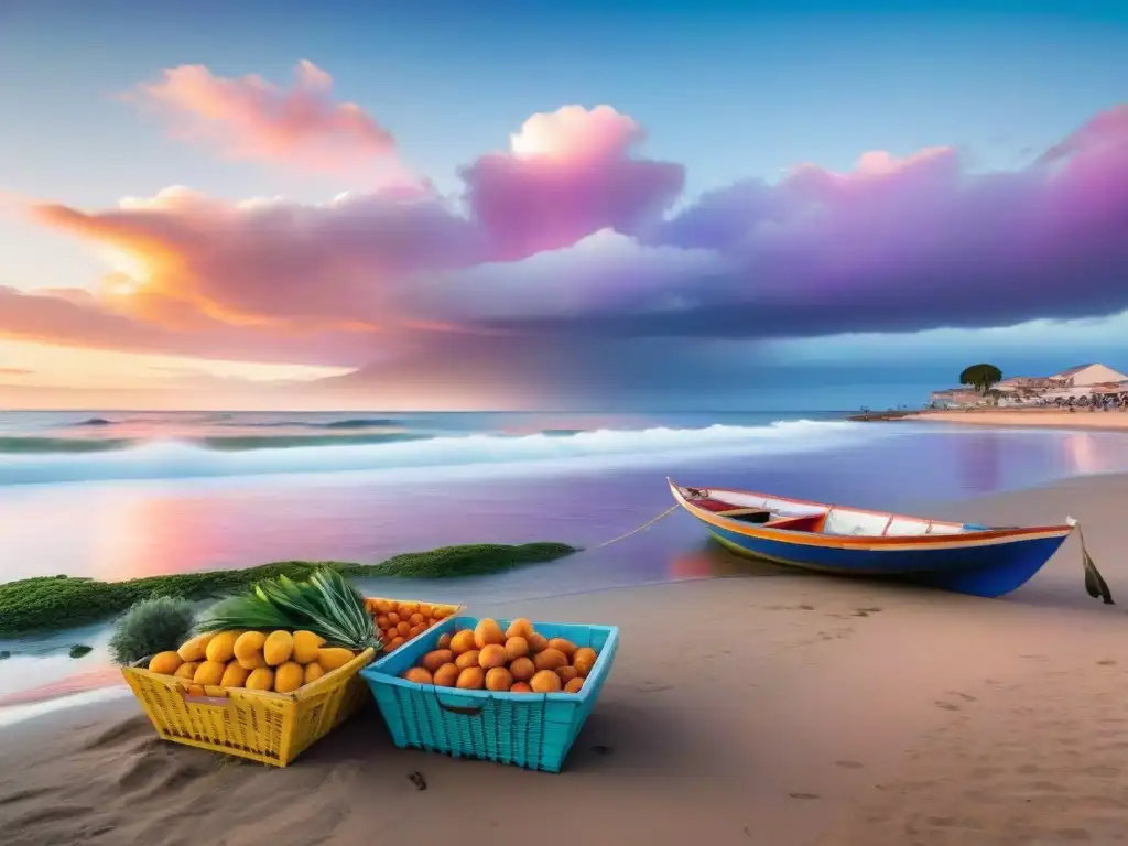 Pintoresca playa uruguaya al atardecer con pescadores y mercado de comida