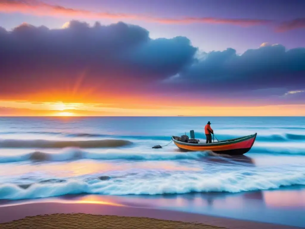 Pintoresco atardecer en la costa de Uruguay con pescador descargando pescado omega 3