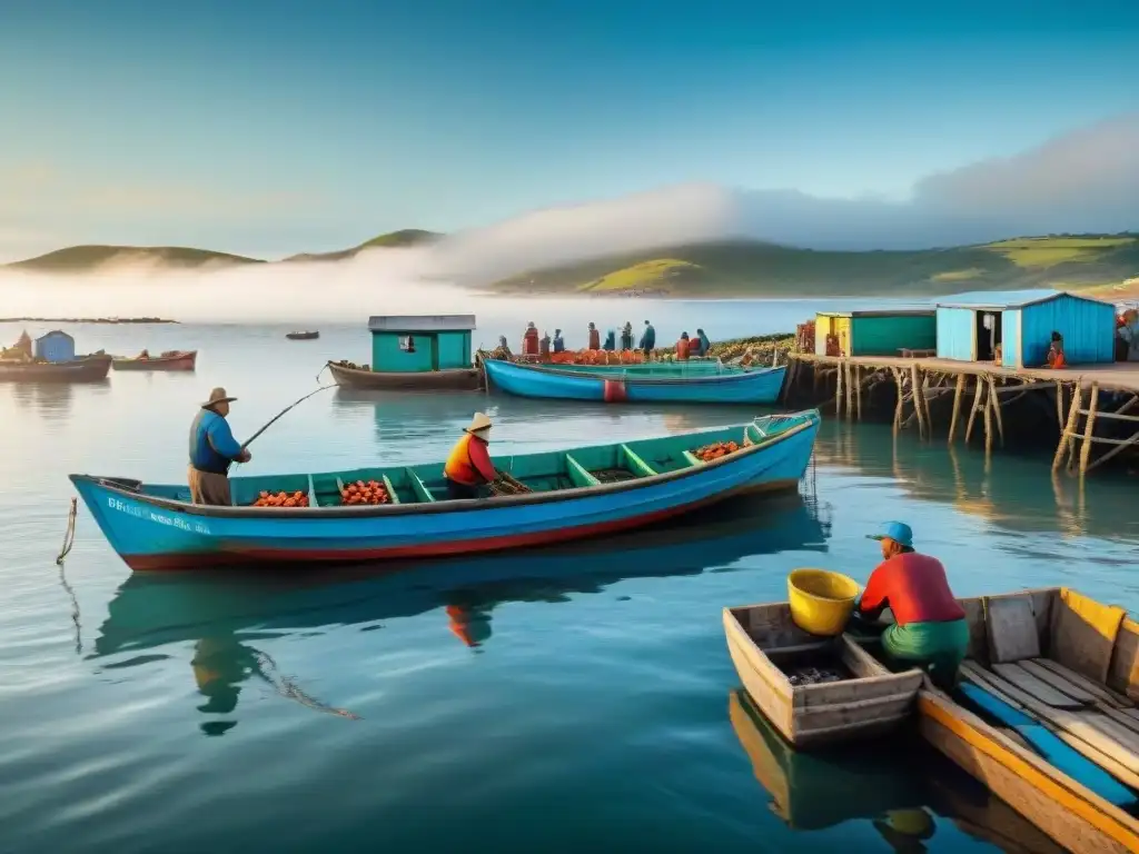 Pintura detallada de un bullicioso mercado pesquero uruguayo con pescadores y clientes practicando la pesca responsable en Uruguay