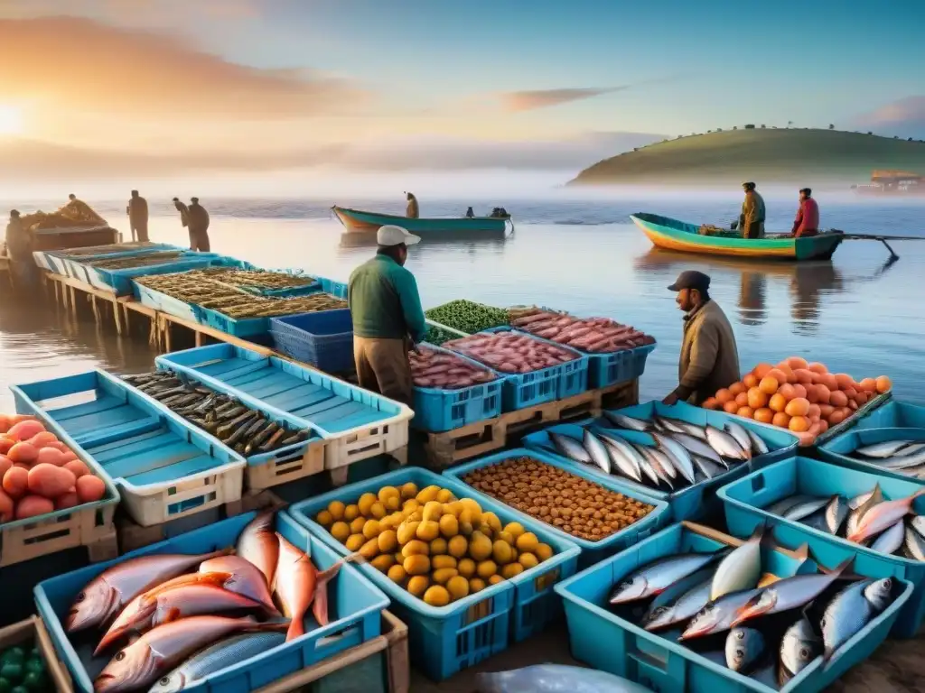 Pintura de mercado pesquero en Uruguay con pescadores descargando cajas de pescado